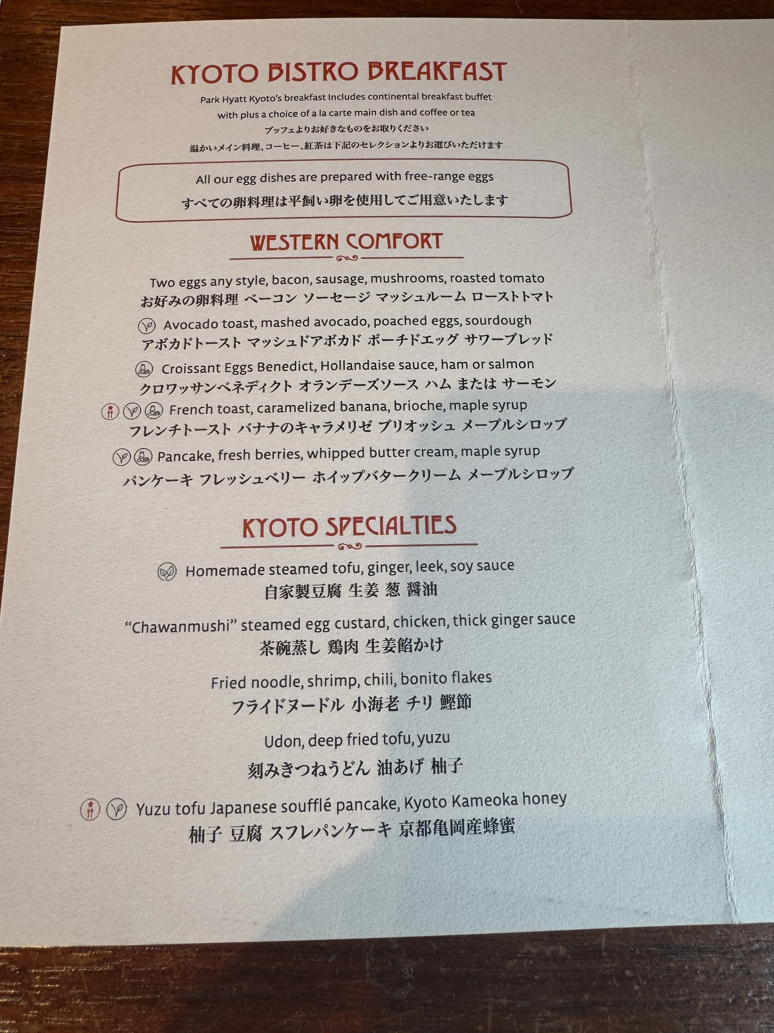 Breakfast menu at Park Hyatt Kyoto showing Western and Japanese breakfast options