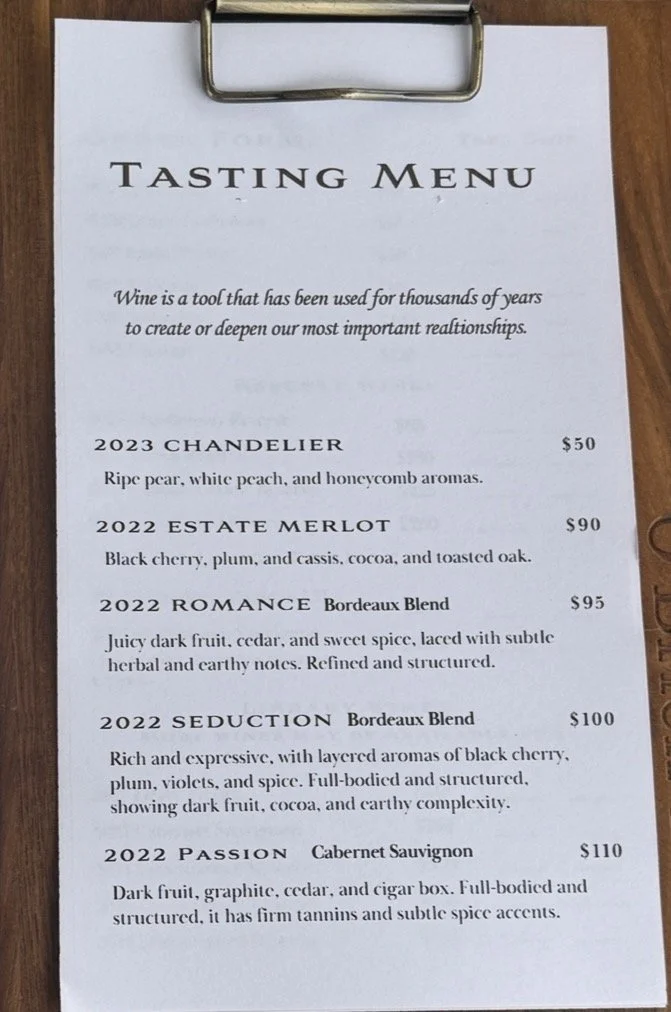 O’Brien Estate tasting menu with Chardonnay, Merlot, Bordeaux blends, and Cabernet Sauvignon