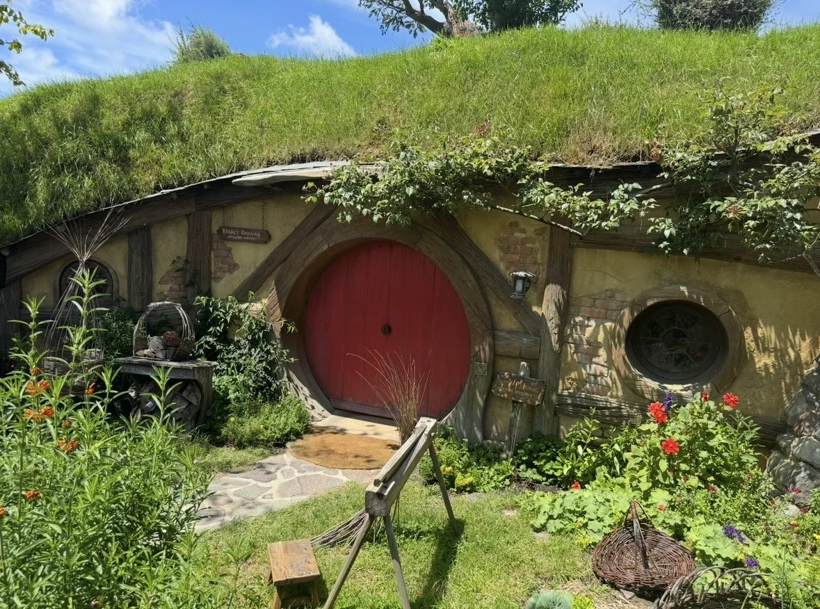 Red hobbit door at the Hobbiton Movie Set in New Zealand