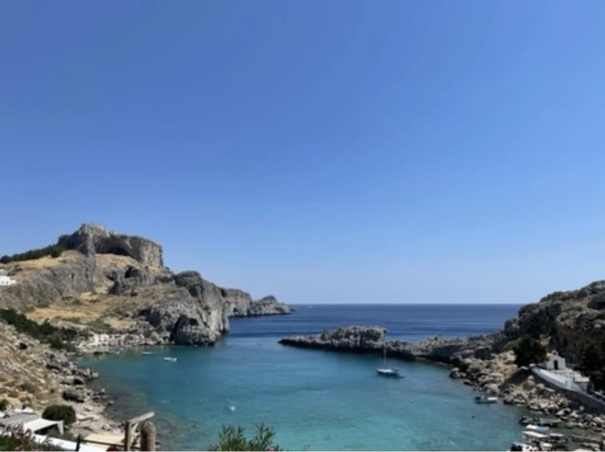 Panoramic view of Lindos and St. Paul's Bay on the island of Rhodes, Greece.