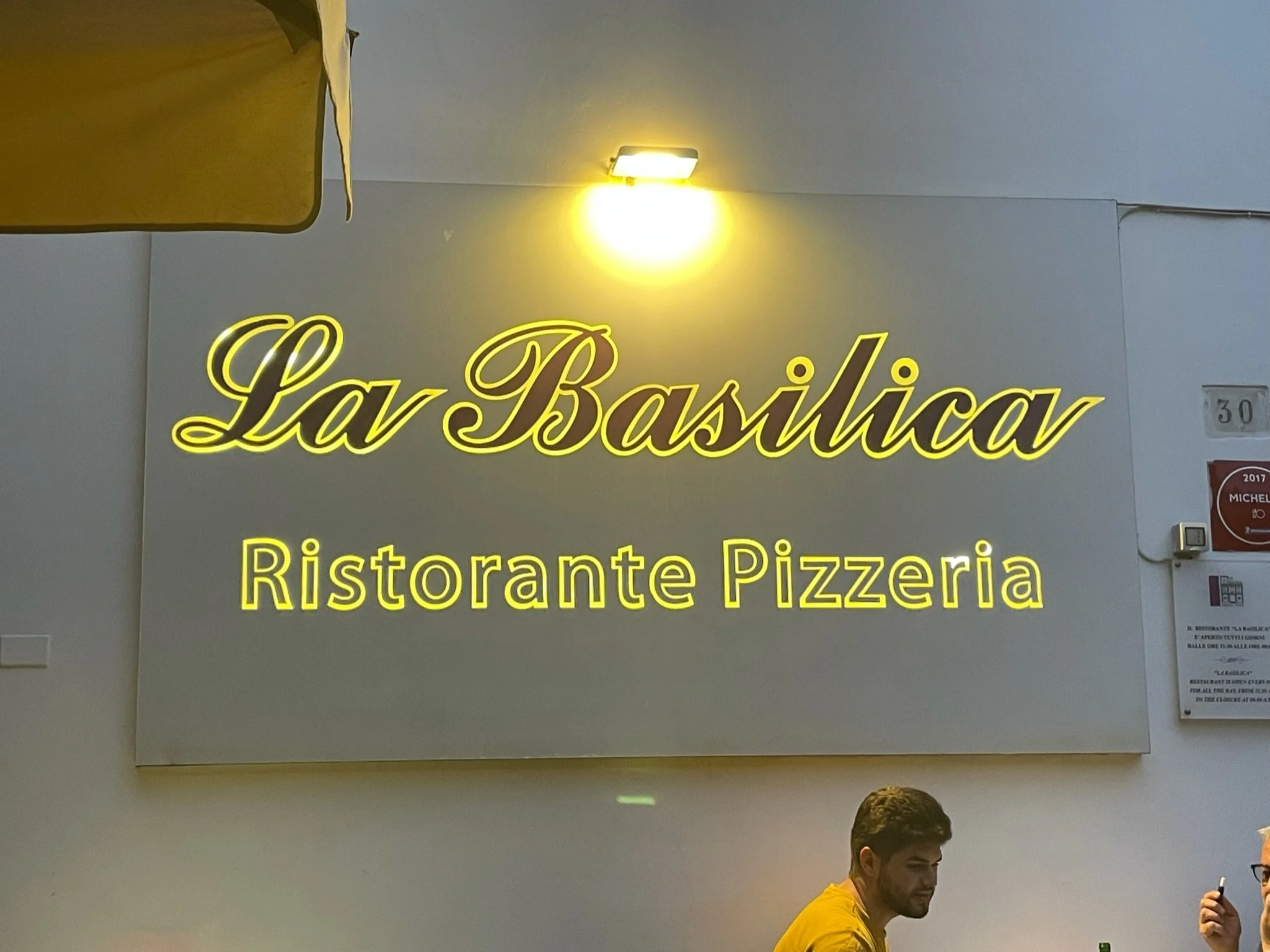 La Basilica Ristorante Pizzeria illuminated sign in Sorrento, italy
