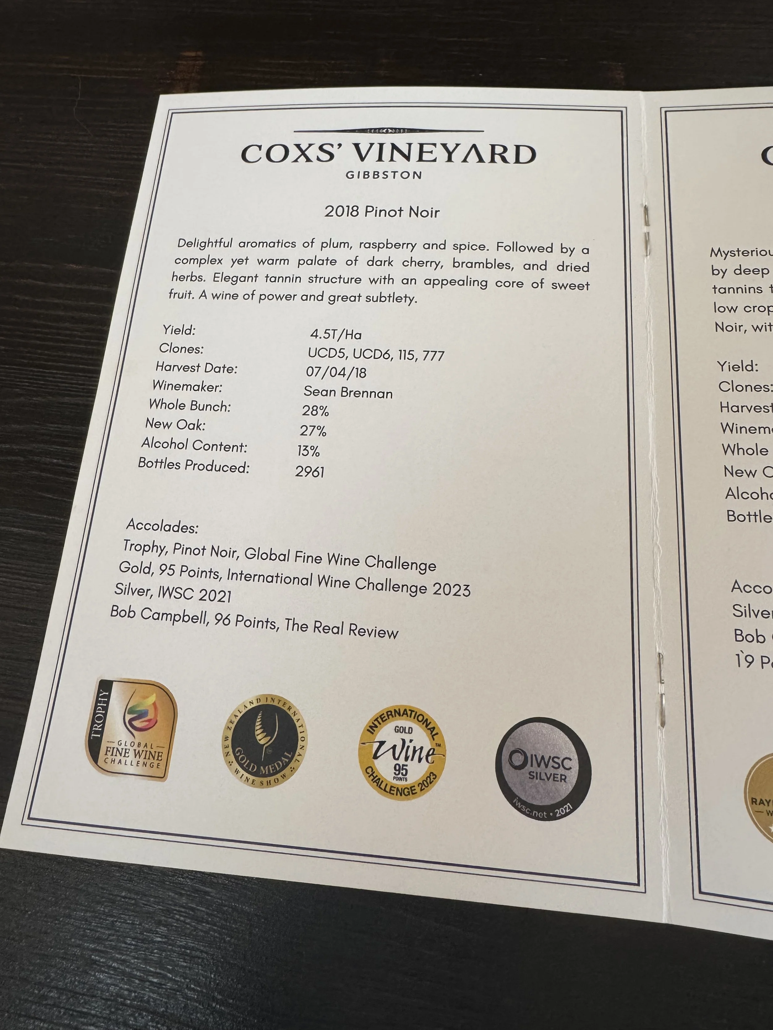 Wine tasting menu at Cox's Vineyard in Central Otago