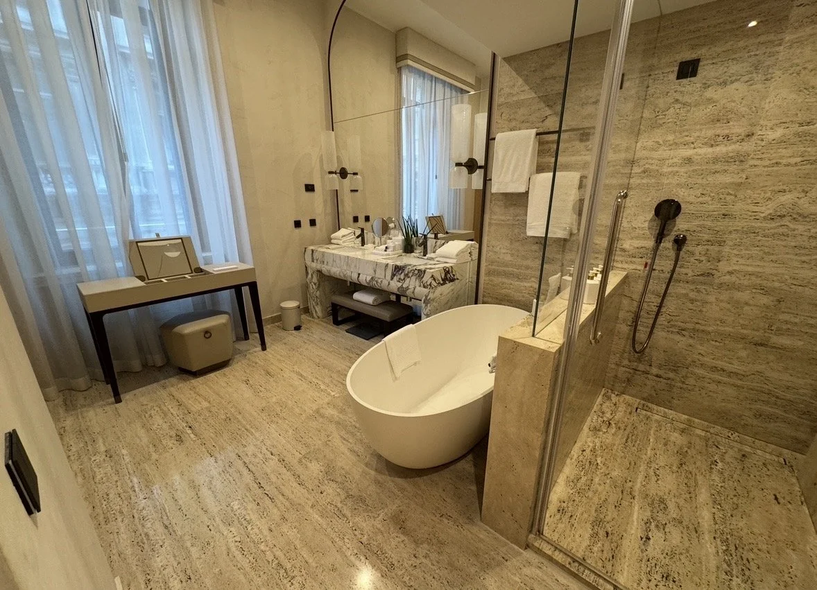 Park Hyatt Milan marble bathroom bathtub and walk-in shower