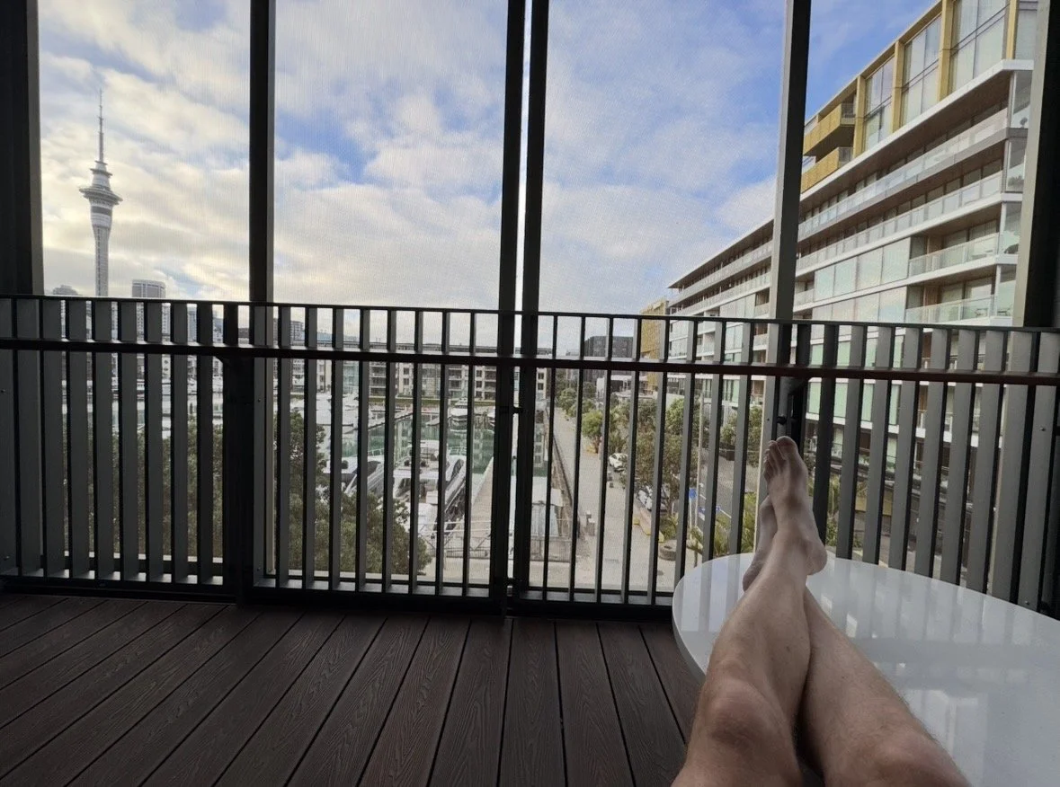 Balcony overlooking Wynyard Quarter and the Sky Tower from Park Hyatt Auckland