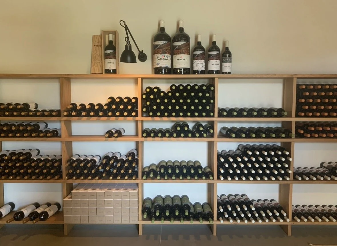 Wine library at Quinta dos Murças showcasing estate wines in Portugal's Douro Valley.