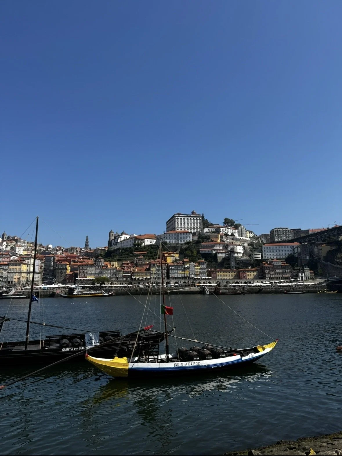 View of a city skyline with colorful buildings on a hillside, a river with boats in the foreground, and a clear blue sky.