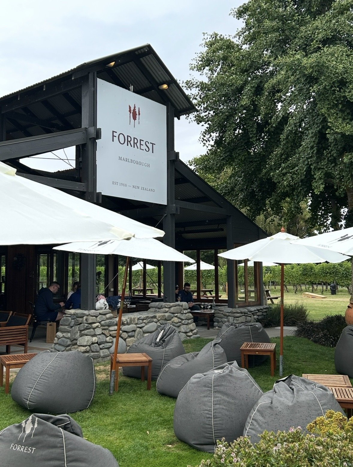 Outdoor seating and tasting area at Forrest Winery in Marlborough, New Zealand, surrounded by vineyards and gardens.