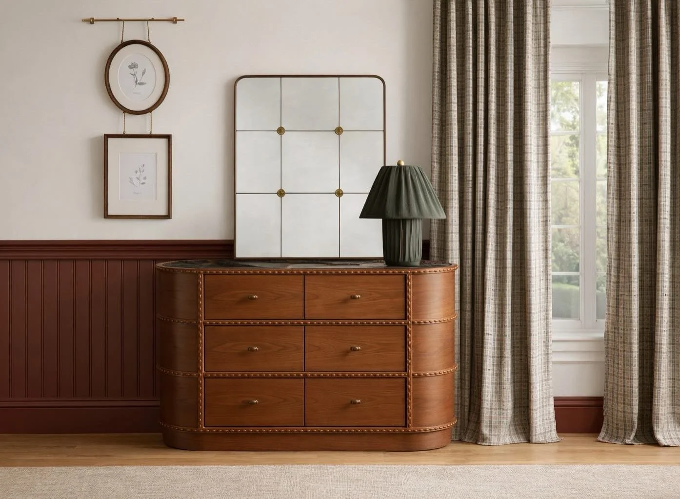 This rendering exercise stretched my style a little bit, and it was so fun. I combined the soft textures of the curtains and the upholstered lamp with the warm woods and an unexpected but elegant marble inlay in the dresser. I had so much fun with th
