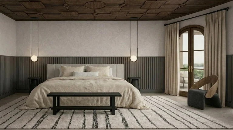 I love reimagining spaces and exploring how texture can transform a room. For this concept, my goal was to create visual interest through layered materials while marrying modern furnishings with warm, traditional architectural elements that honor the
