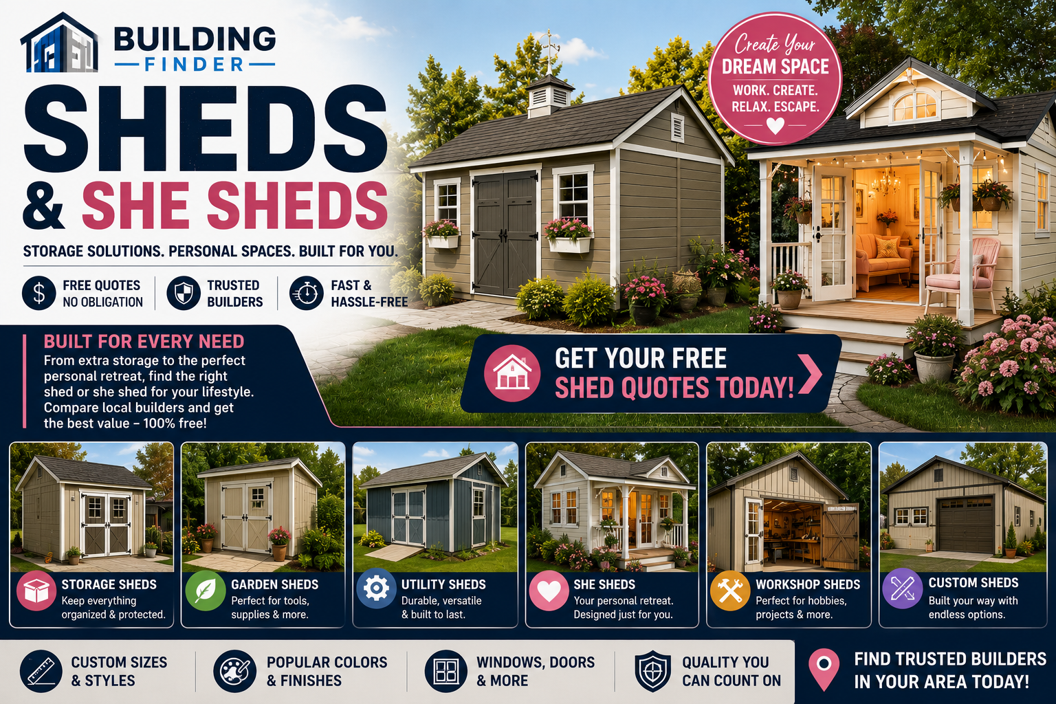 A colorful flyer showcasing various types of sheds including storage, garden, utility, she sheds, workshop, and custom sheds. It features pictures of different shed styles and promotes free quotes, trusted builders, and hassle-free service, with a background of a house and garden with flowers.