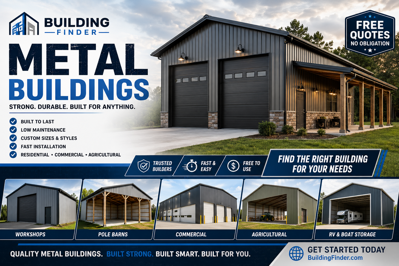 advertisement for metal buildings featuring a modern black metal garage with two doors and porch lighting. The ad highlights benefits like durability, custom sizes, and quick installation, targeting residential, commercial, and agricultural needs. Includes images of different metal building styles, such as workshops, pole barns, commercial, agricultural, and RV storage. The ad promotes free quotes and easy process, and provides a website for more information.