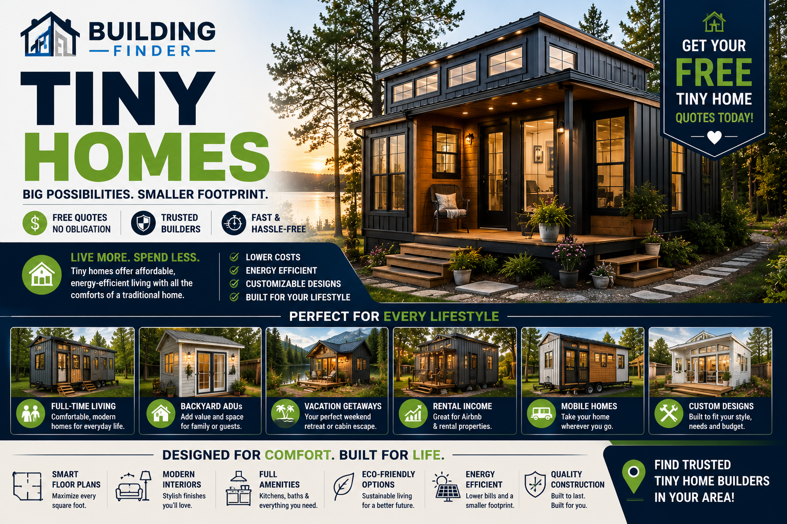 A promotional flyer for tiny homes featuring a large image of a modern black tiny house with warm lighting, surrounded by trees and a lake during sunset. The flyer highlights benefits such as affordable, energy-efficient living, customizable designs, and various lifestyle options like full-time living, vacation getaways, rental income, and mobile homes, with smaller images of different tiny home styles and icons.