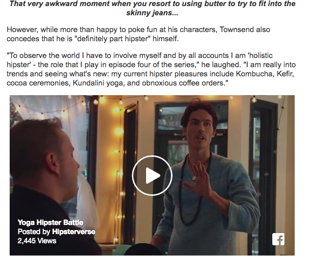 A paused video thumbnail from a show called 'Yoga Hipster Battle,' featuring Dylan Townsend in conversation in a cozy, dimly lit room with string lights, and a Facebook video icon in the bottom right corner.