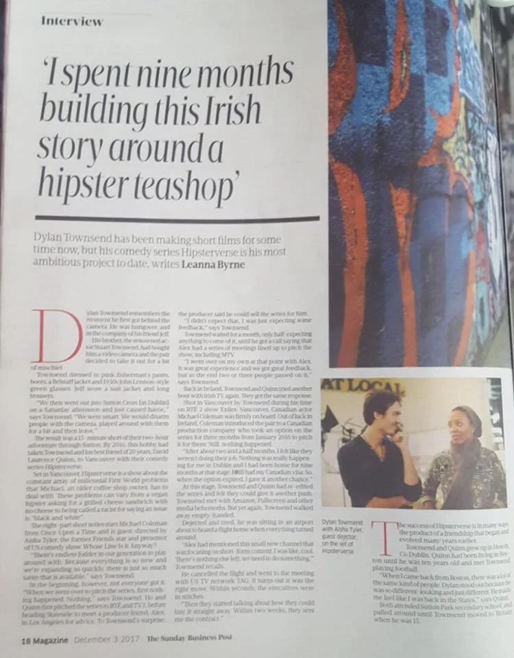 Magazine page featuring an interview with Dylan Townsend, with a quote about his nine months building an Irish story around a hipster teashop. The page also includes a photo of two women talking at a table and part of a colorful abstract painting.