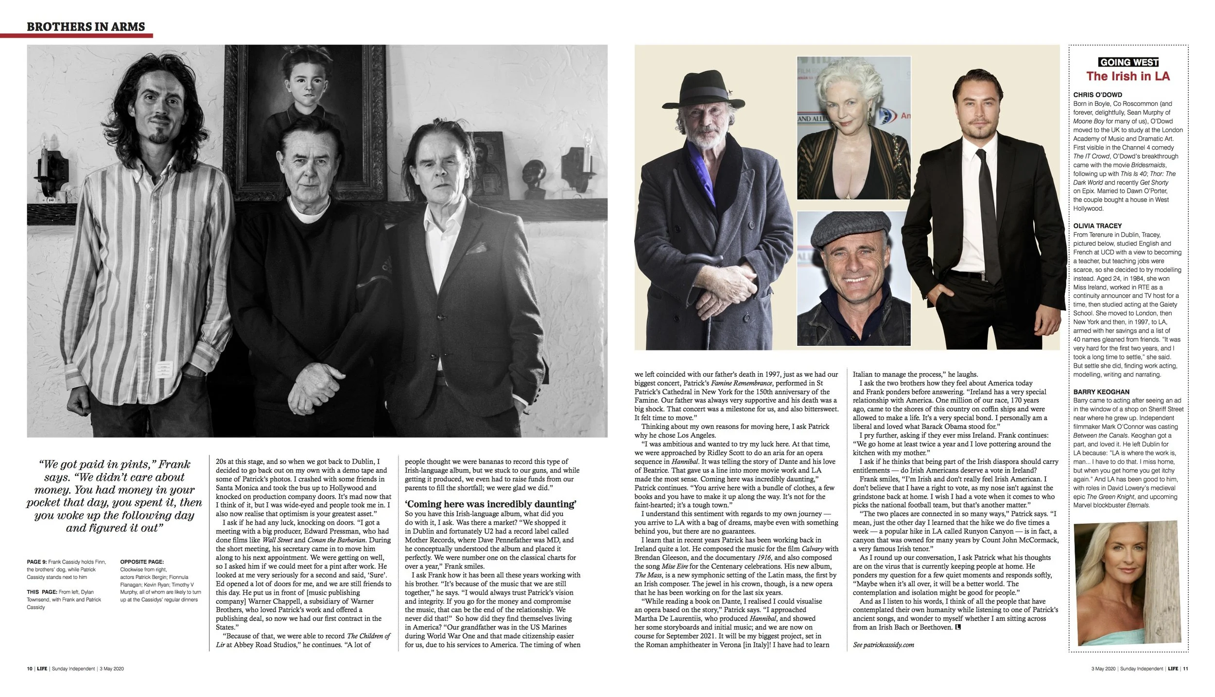 Dylan Townsend and Patrick Cassidy. Irish actors present. The men are dressed casually and formally, and the setting appears to be a home or studio. The accompanying text discusses the men's backgrounds and experiences.