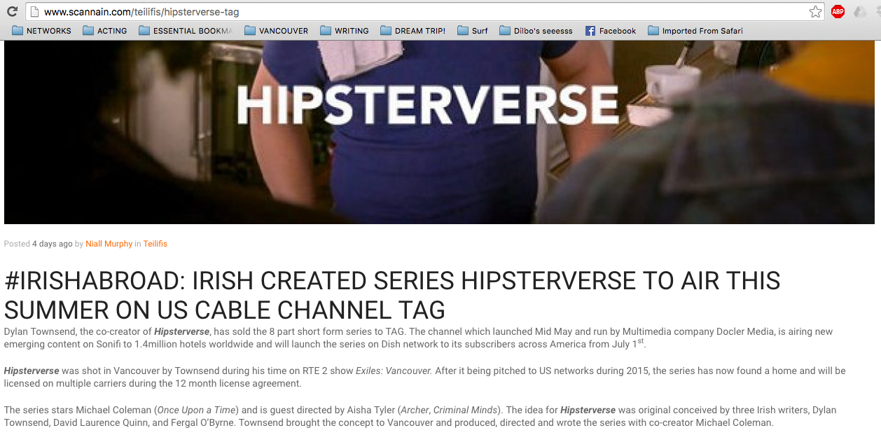 A webpage header displaying 'HIPSTERVERSE' over a background image of a person in a blue shirt at a cafe, with the article title about an Irish series called "Hipsterverse" coming to US cable.