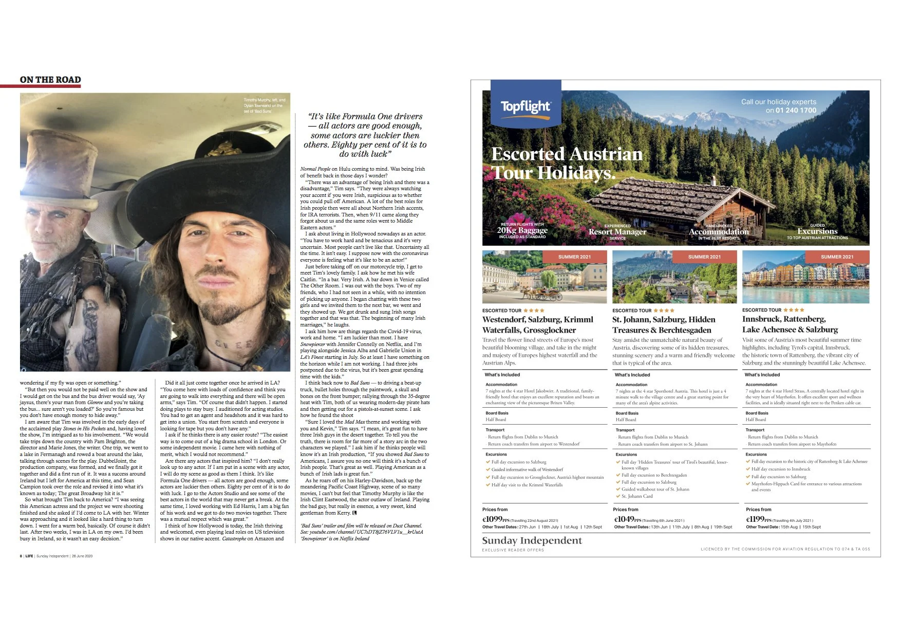 A two-page newspaper article featuring Dylan Townsend & Timothy V. Murphy. One with a top hat and the other with a wide-brimmed hat, inside a vehicle. The article discusses travel, acting careers, and personal stories.
