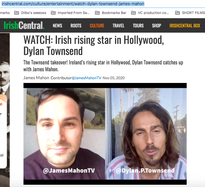 Screenshot of an online news article titled 'WATCH: Irish rising star in Hollywood, Dylan Townsend' with photos of two men, one with dark hair and a beard, the other with long hair and a mustache, against outdoor backgrounds.