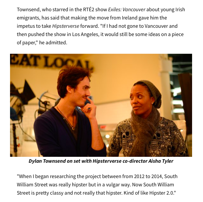 Dylan Townsend on set with Hipsterverse co-director Aisha Tyler, in a discussion at a production location.