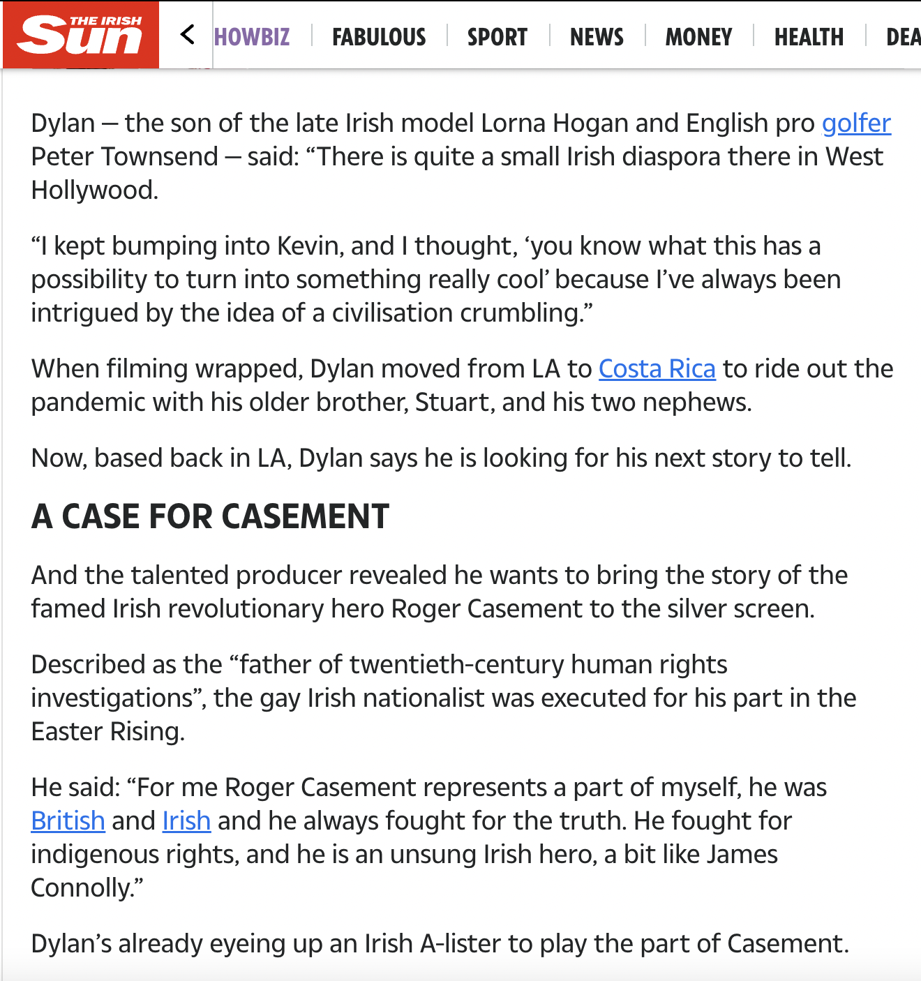 Screenshot of a news article from The Irish Sun website discussing Dylan, the son of Irish model Lorna Hogan and English pro golfer Peter Townsend, who is interested in storytelling about Irish revolutionary hero Roger Casement. The article mentions 