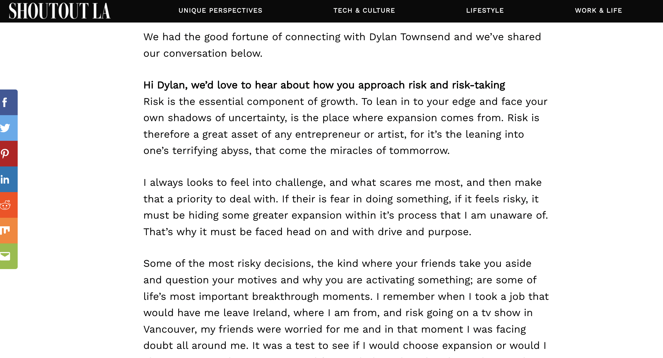 Screenshot of an article about Dylan Townsend.. Shoutout LA website discussing risk and growth, with navigation menu including categories like Tech & Culture, Lifestyle, Work & Life.