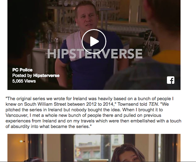 Screen capture from a video on Hipsterverse showing a barista inside a cafe, with the title 'Hipsterverse' overlaid, and text describing the series' origin related to Ireland.