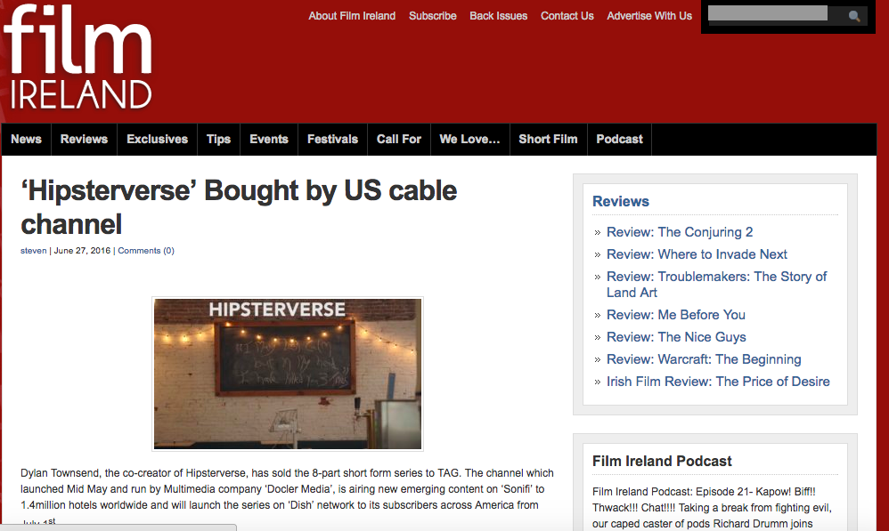 Screenshot of Film Ireland website with article about 'Hipsterverse' bought by US cable channel, showing a blackboard with 'HIPSTERVERSE' written above fridge magnets inside a room.