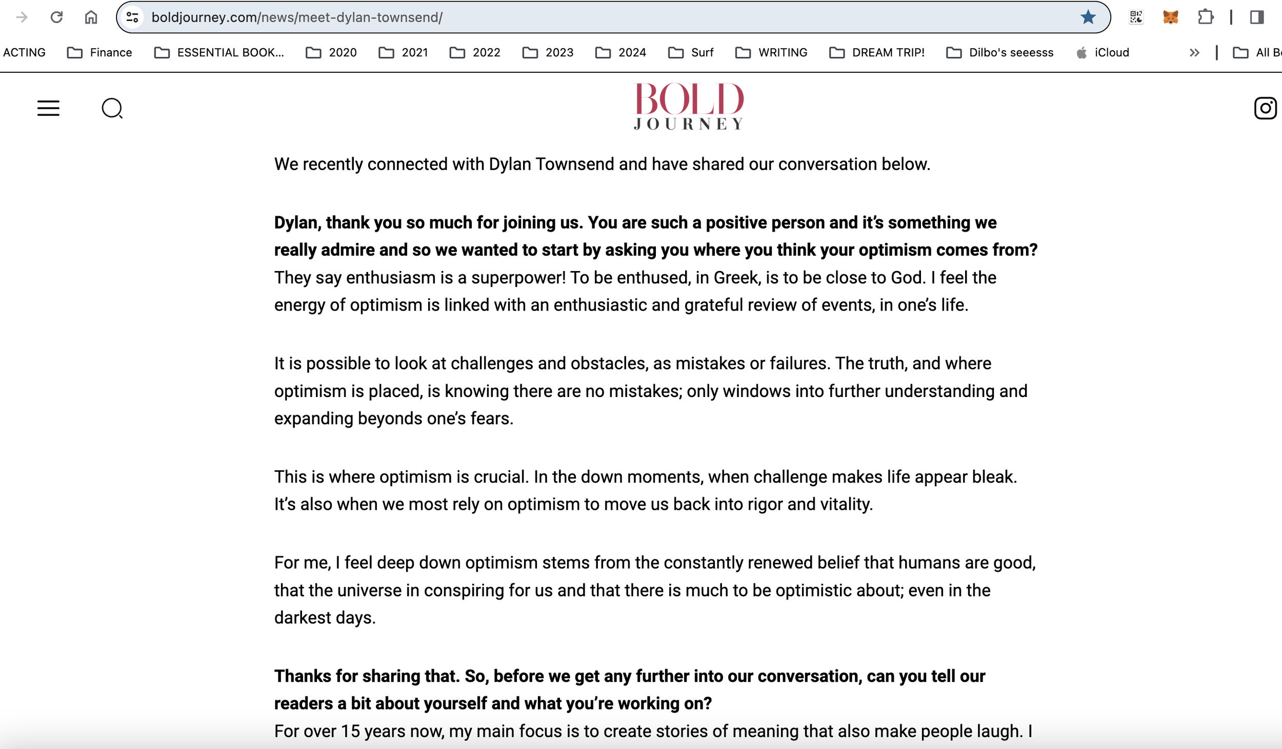 Screenshot of a webpage from boldjourney.com with a conversation titled 'We recently connected with Dylan Townsend and have shared our conversation below.' The page contains a message of gratitude for the connection, a discussion about optimism, and 