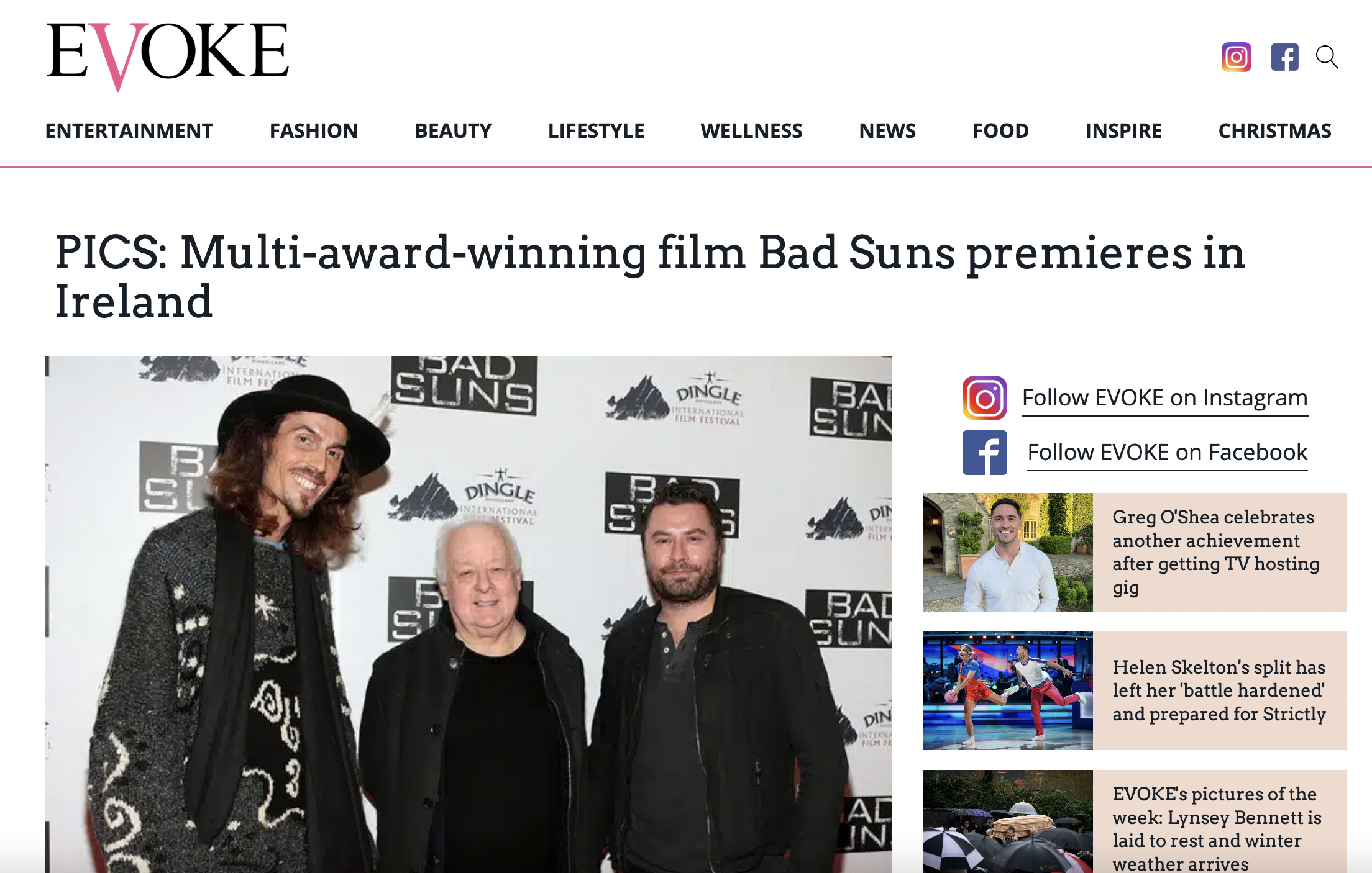 Four men standing in front of a backdrop with the words 'Bad Suns' and 'Dingle International Film Festival'. Dylan Townsend, Kevin Ryan and Godfather of Irish Cinema, Jim Sheridan.