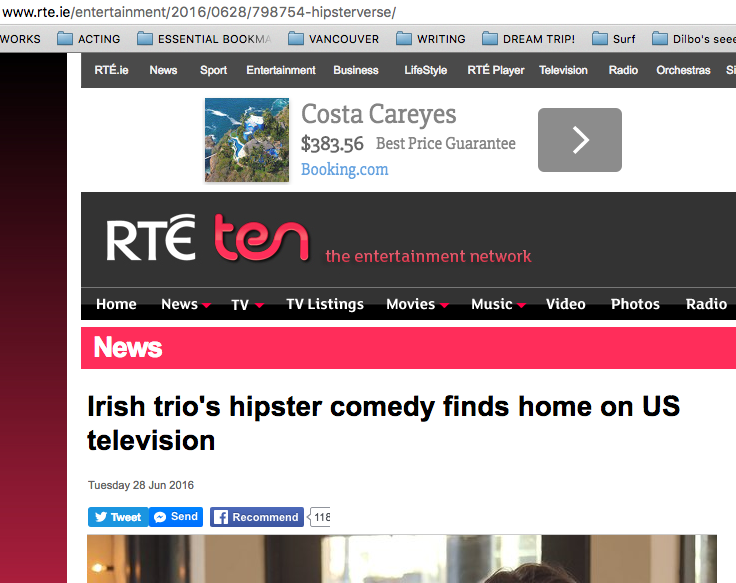 Screenshot of RTÉ Ten entertainment website with a headline about Irish hipster comedy trio finding success on US television, dated June 28, 2016. Dylan Townsend, Hipsterverse mentioned.