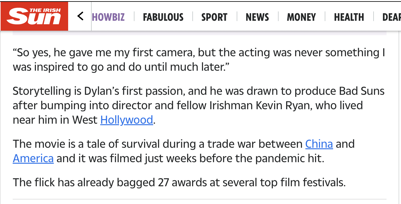Screenshot of an article from The Irish Sun with a quote about an actor's first camera and storytelling. The article mentions Hollywood, China, and America & Dylan Townsend .
