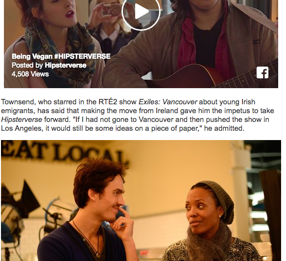 The first scene shows a curly hair playing guitar, with  woman nearby; the second scene shows Dylan Townsend & Aisha Tyler engaged in conversation inside a shop with a sign that says 'EAT LOCAL' in the background.