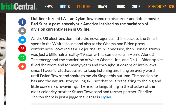 Screenshot of IrishCentral website page discussing actor Dylan Townsend, and mentioning US political figures and celebrities including Obama, Biden, and Stuart Townsend.