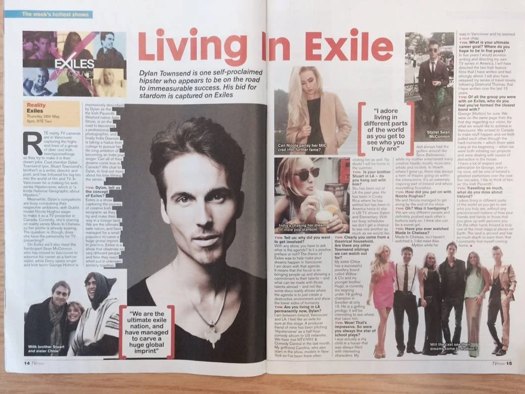 Magazine spread titled "Living In Exile" featuring interviews and photos of individuals, including Dylan Townsend, a young man with dark hair, and others in various settings, some wearing sunglasses and fashionable clothing.
