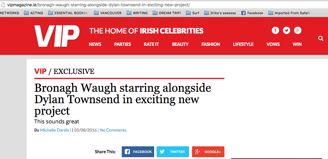 Screenshot of a website news article titled "Bronagh Waugh starring alongside Dylan Townsend in exciting new project." The website has a red header with the VIP logo and links to different sections such as News, Parties, Rate It, Beauty, Fashion, Lif