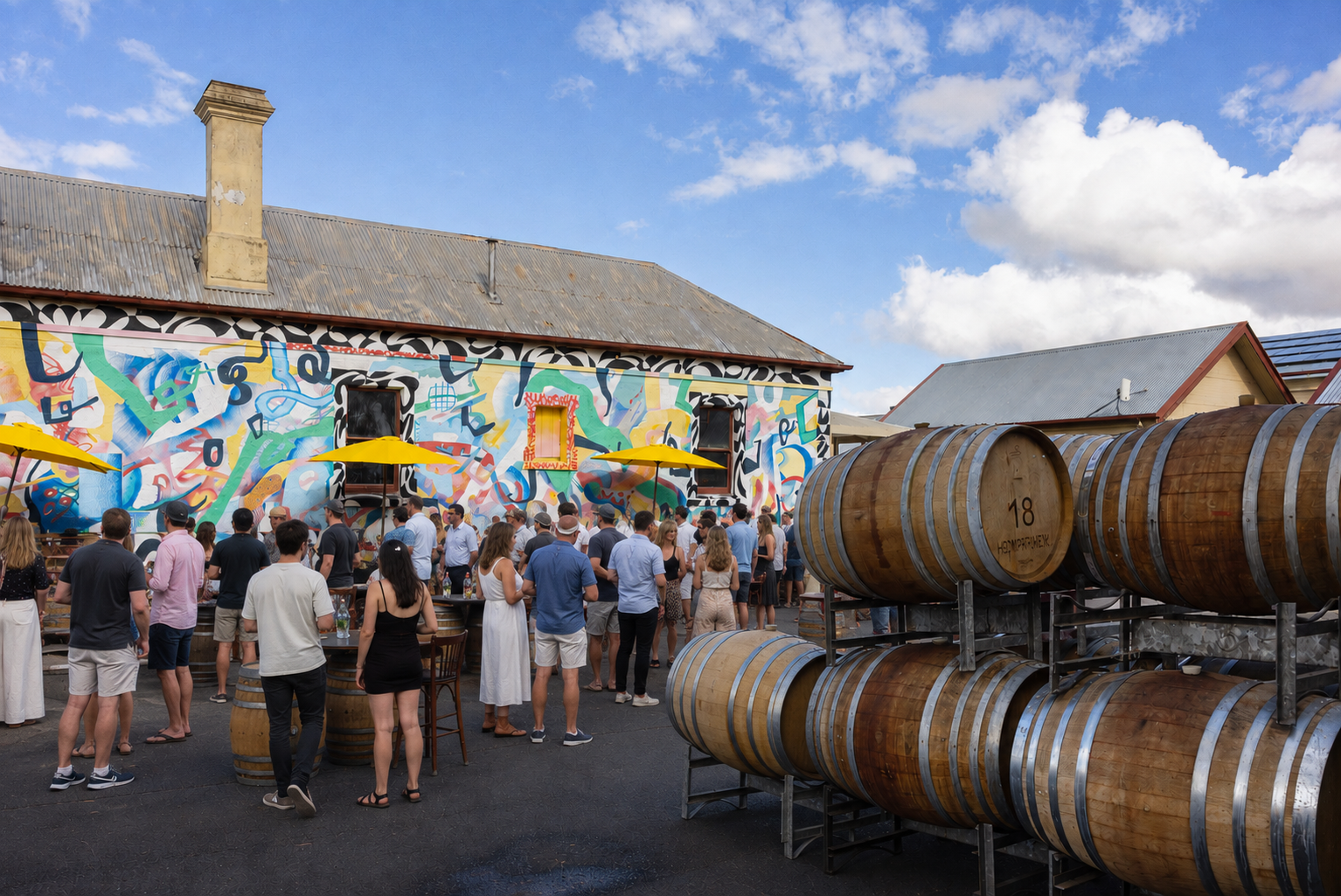 People gathered at an outdoor event with a colorful mural on a building, several wooden wine barrels in the foreground, and a blue sky with clouds.