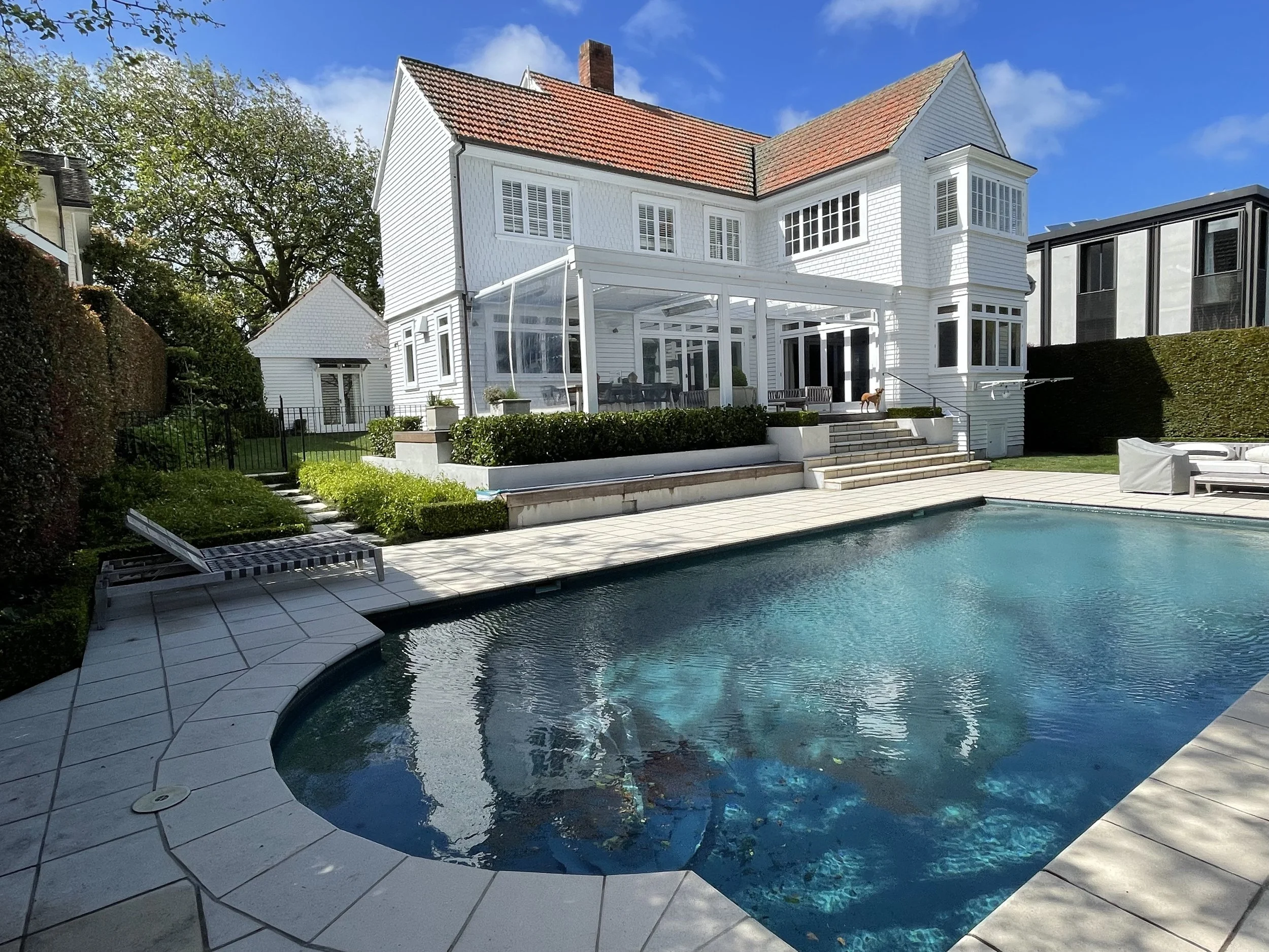 A backyard with a swimming pool, surrounded by a tiled deck, with a multi-story white house featuring multiple windows and a glass-enclosed patio, and a small dog on the patio step.