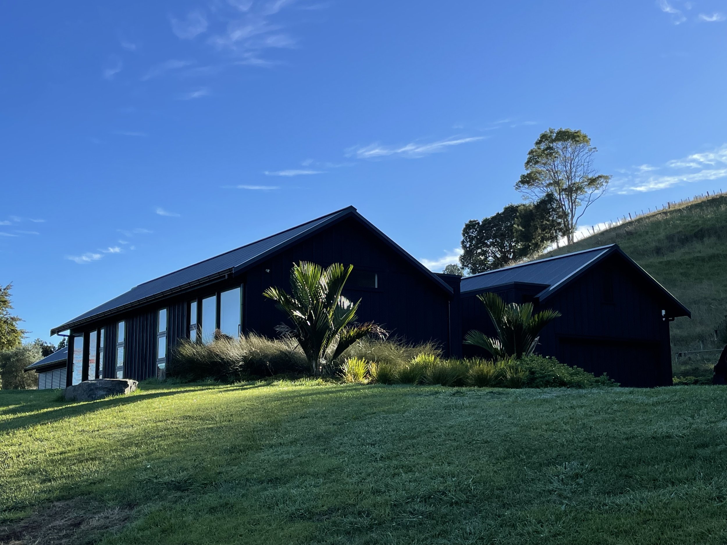 A modern house with large windows on a grassy hill, with trees and a clear blue sky in the background.