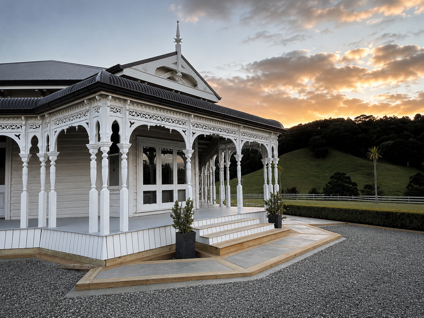 A white Victorian-style house with ornate trim and a wrap-around porch, set against a sunset sky with clouds and green hills in the background.