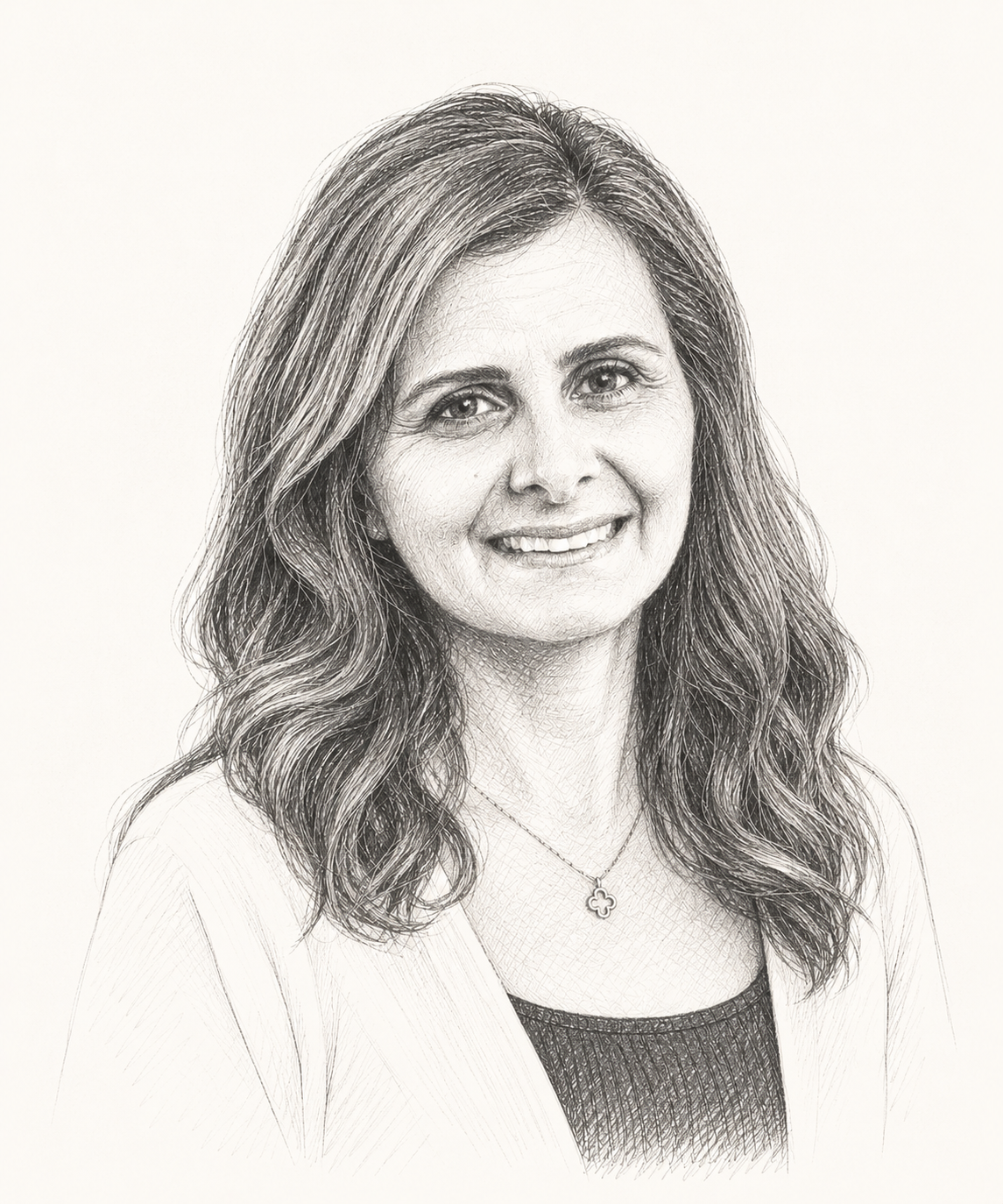 Black and white pencil sketch of a woman with wavy hair, smiling, wearing a necklace with a four-leaf clover pendant and a top with a blazer.