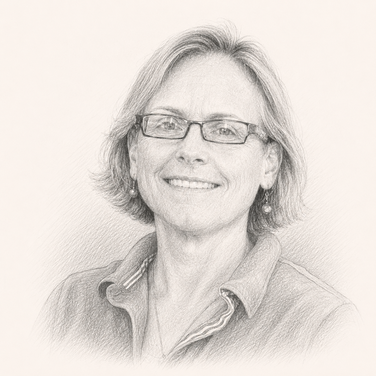 A pencil sketch of a smiling woman with glasses, earrings, and short hair, wearing a collared shirt.