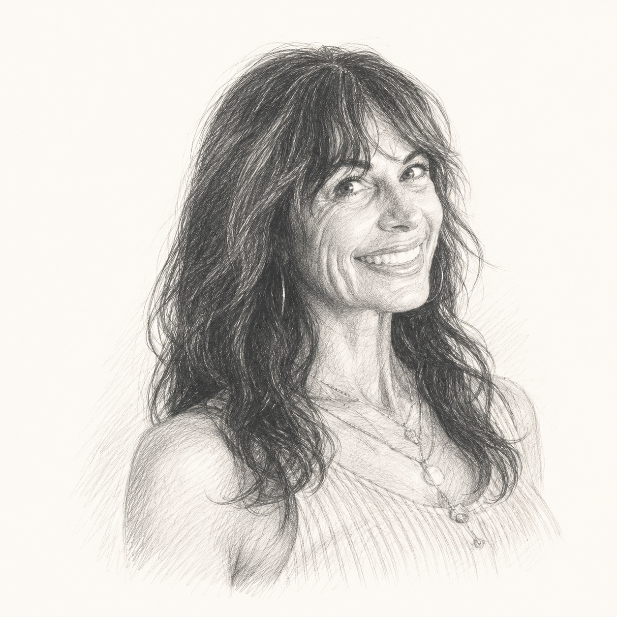 A pencil sketch of a woman with long, wavy hair, smiling, wearing a sleeveless top and a necklace, against a plain background.