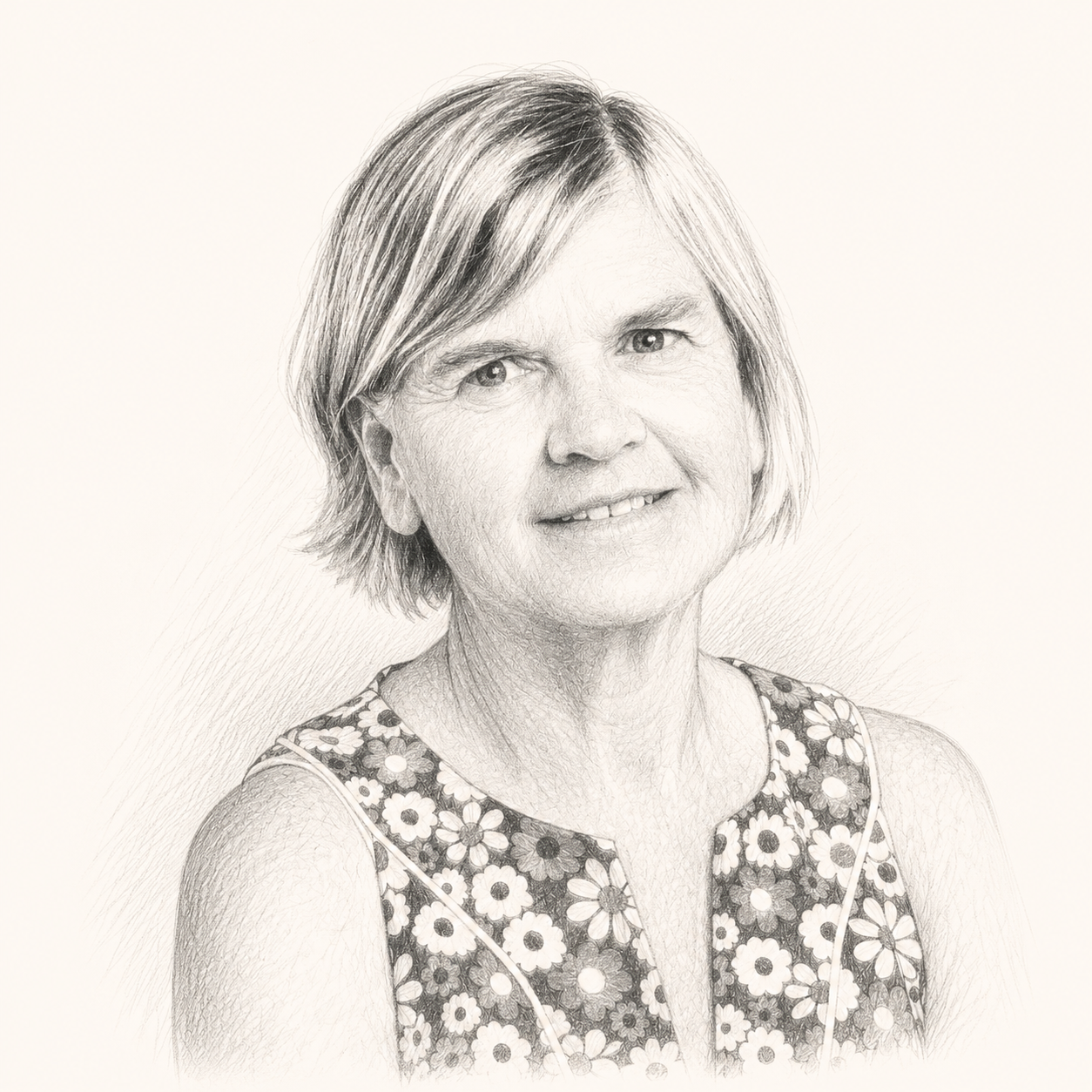A black and white drawing of a woman with short hair, wearing a sleeveless floral dress, smiling slightly and looking into the camera.