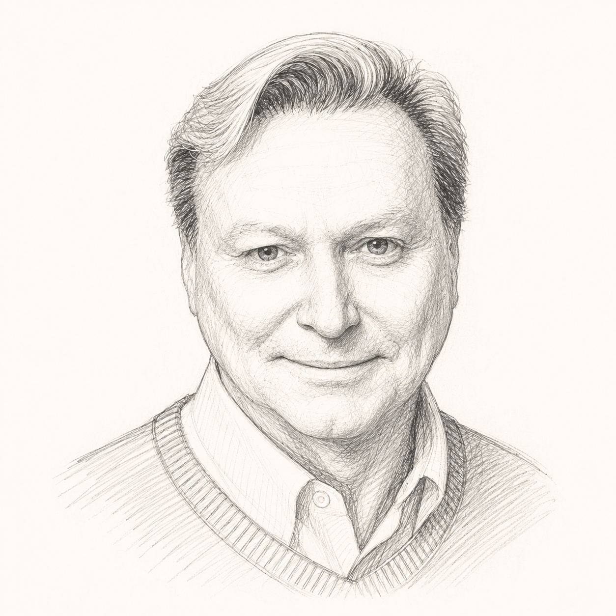 Sketch of a middle-aged man with light-colored hair, wearing a collared shirt and sweater, smiling lightly.