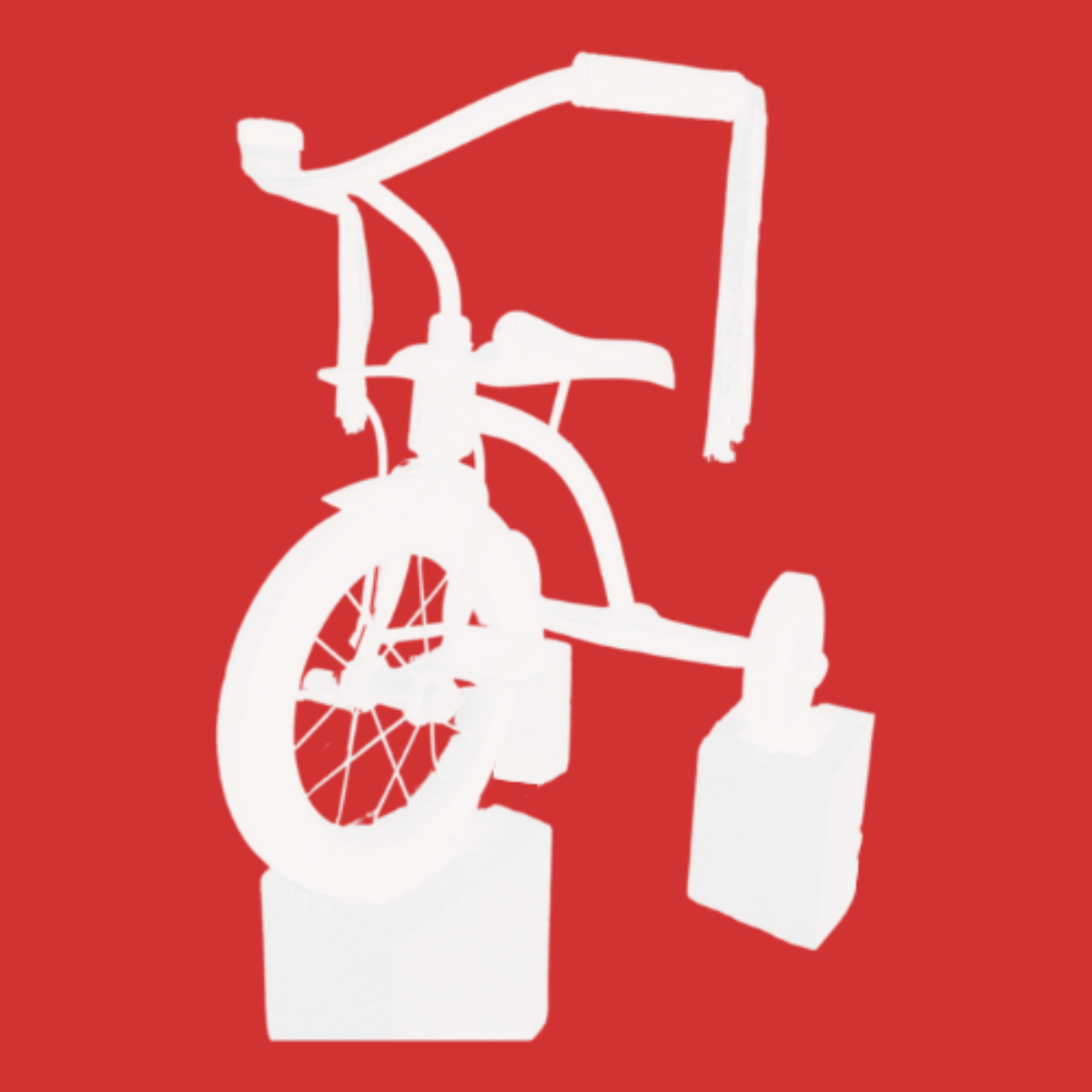Silhouette of an old-fashioned bicycle with a large front wheel, on display against a red background.
