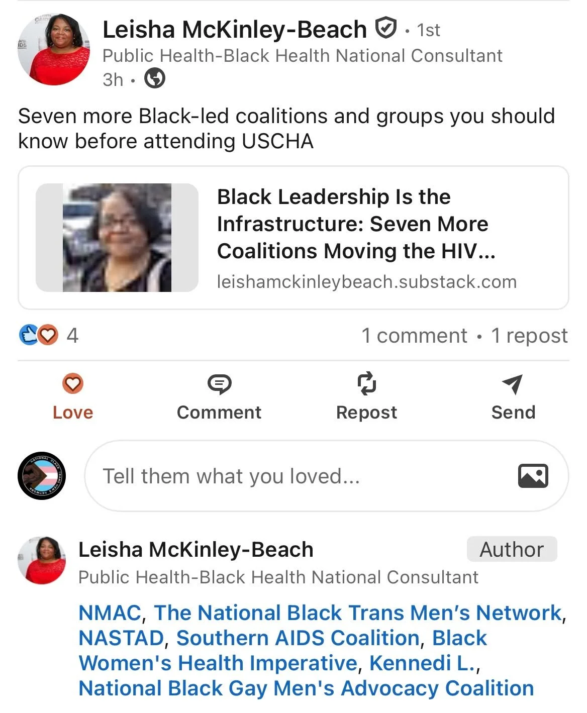 We're thrilled to share that our organization has been featured in a recent article on Leisha McKinley Beach's Substack! 

https://leishamckinleybeach.substack.com/p/black-leadership-is-the-infrastructure?r=2y0nf6&amp;utm_campaign=post&amp;utm_medium