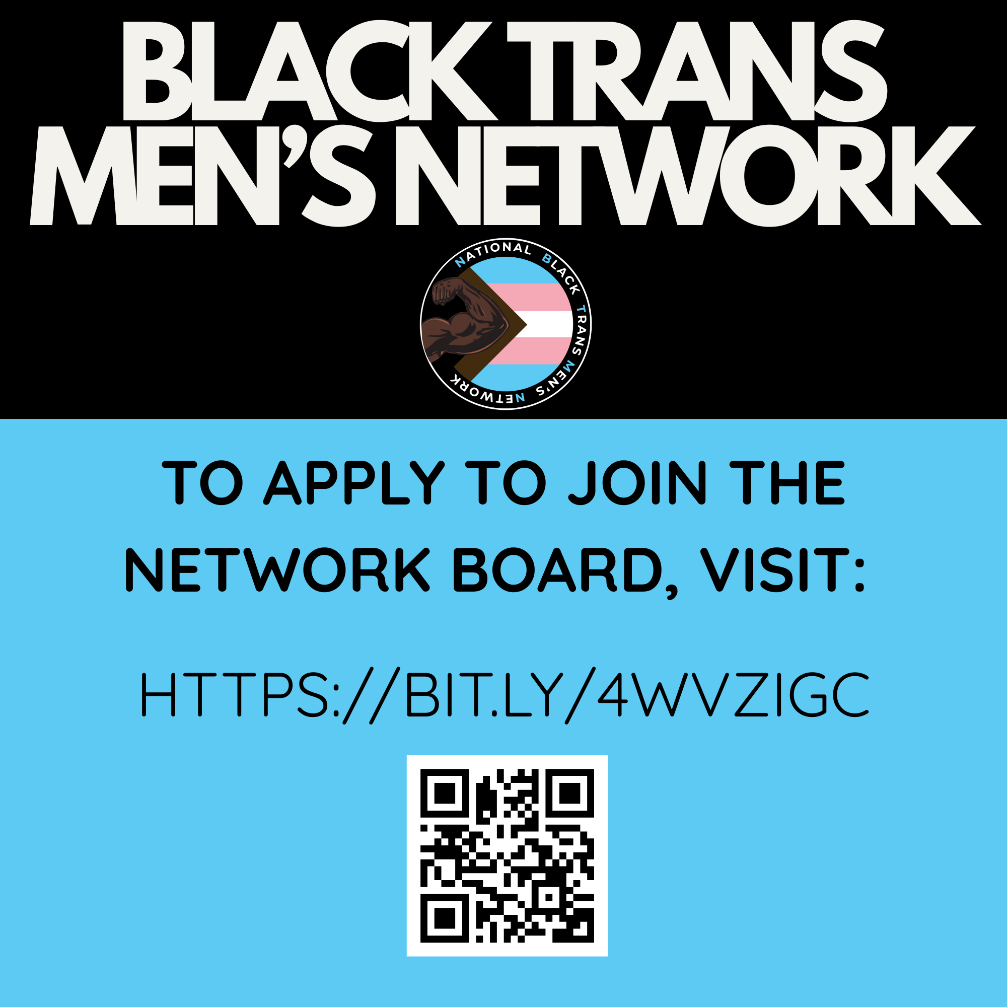 A flyer for the Black Trans Men's Network, encouraging people to apply to join the network, with a URL and a QR code for more information.