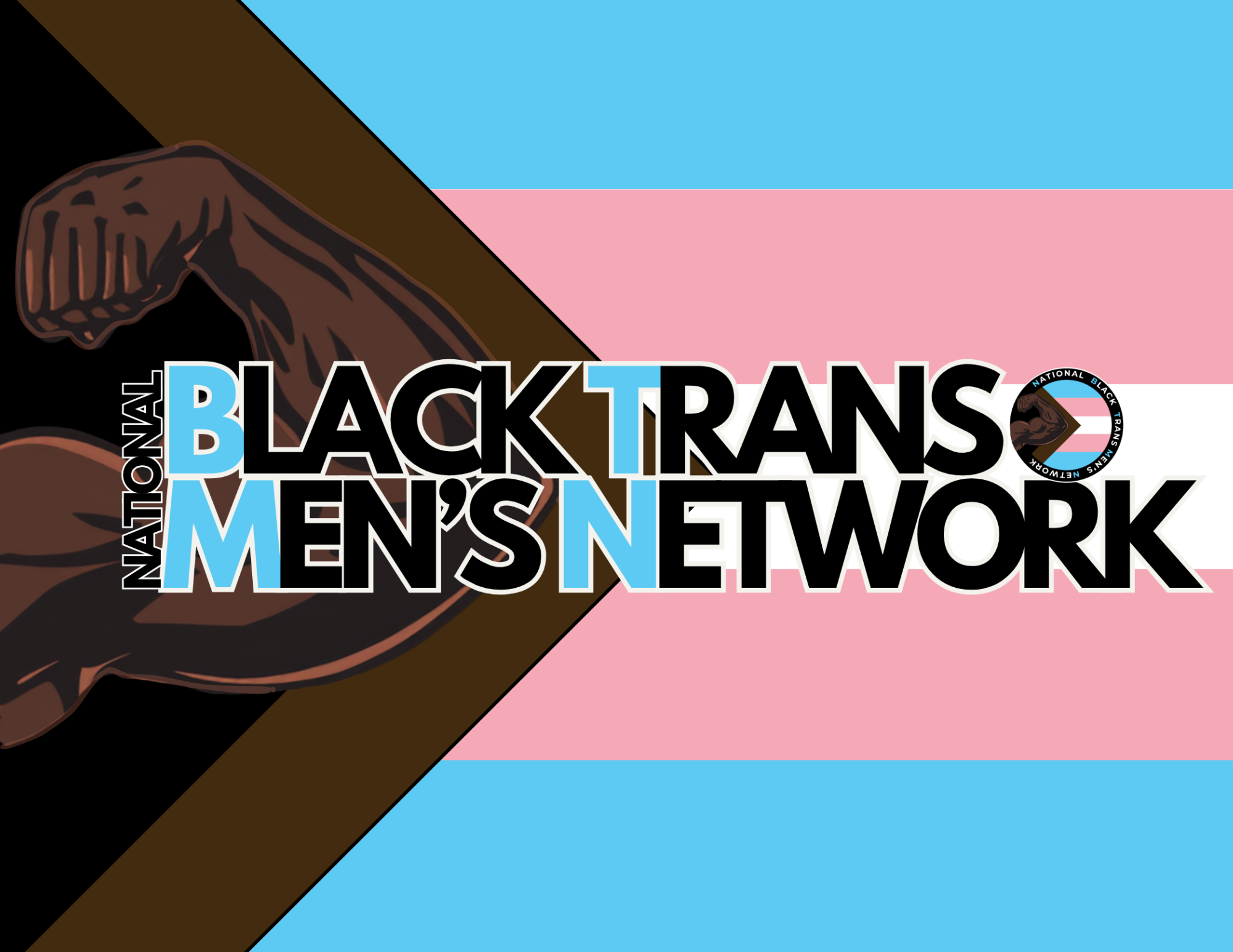 A graphic illustration showing a clenched fist with an arm, set against a background featuring the colors and design of the transgender pride flag. The image also includes text referencing the National Black Trans Men's Network.