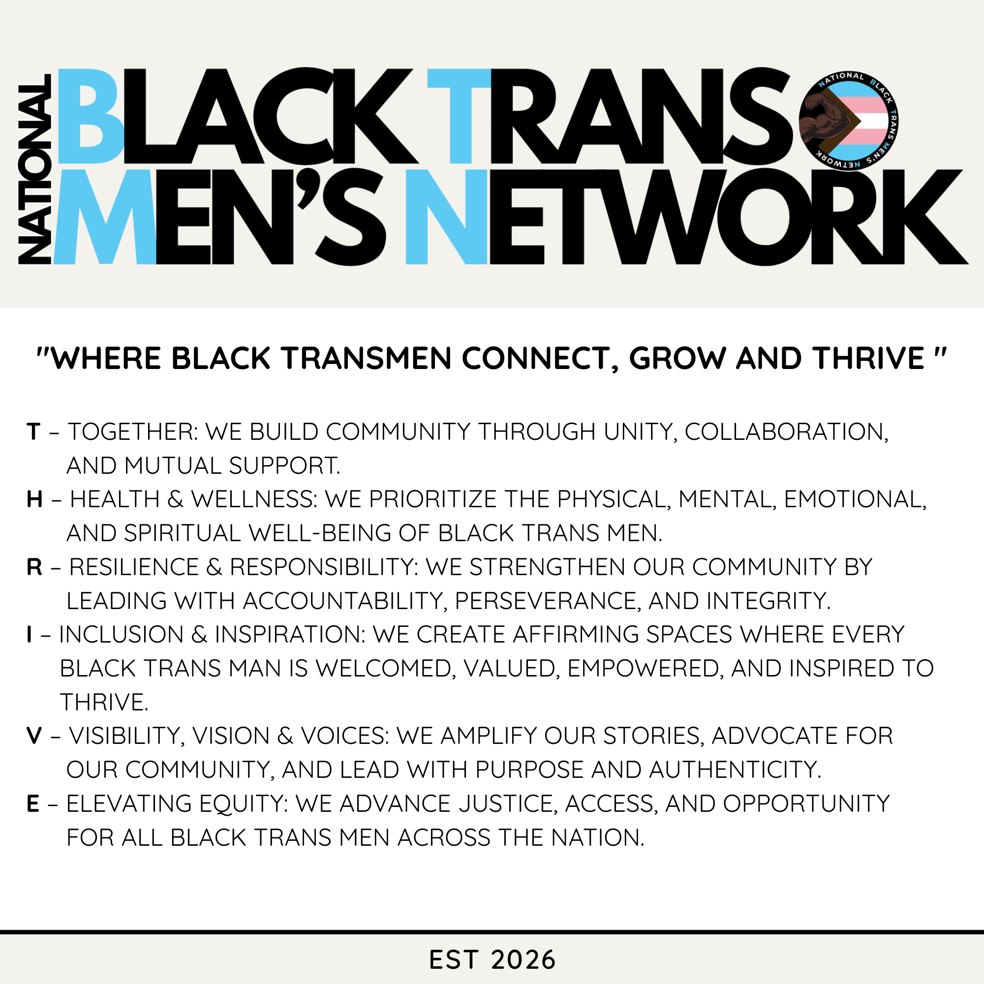 Logo for National Black Trans Men’s Network, featuring a circular emblem with a muscular black man’s arm and the transgender flag colors, and the name of the organization written in black, blue, and pink letters.