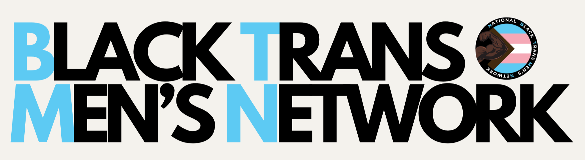 Logo for the Black Trans Men's Network featuring bold black and light blue text and a circular emblem with a flexed arm, brain, and Pink, Blue, White transgender flag colors.